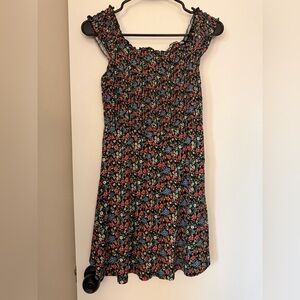 Forever 21 Black Floral Smocked Casual Dress with Red and Blue Flowers